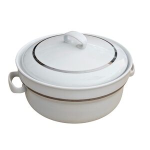 Ginori Italy Ceramic Round Soup Tureen with Silver Trim Lid Double Handle 8.25in